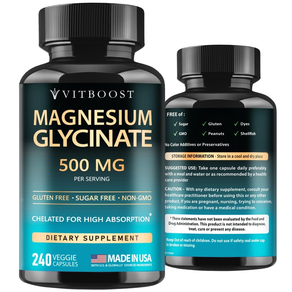 Magnesium Glycinate 500mg Chelate Capsules – 240 Count – 90mg Elemental Magnesium Per Serving – High Absorption Supplement – Non-GMO, Gluten Free – Made in USA