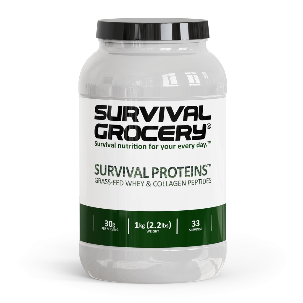 Survival Grocery® Survival Proteins™ Grass-Fed Whey Protein & Collagen Peptides (Types I & III), Unflavored, Gluten Free, Muscle Recovery, Skin, Hair, Nail, Joint Support, 1kg/2.2 lbs