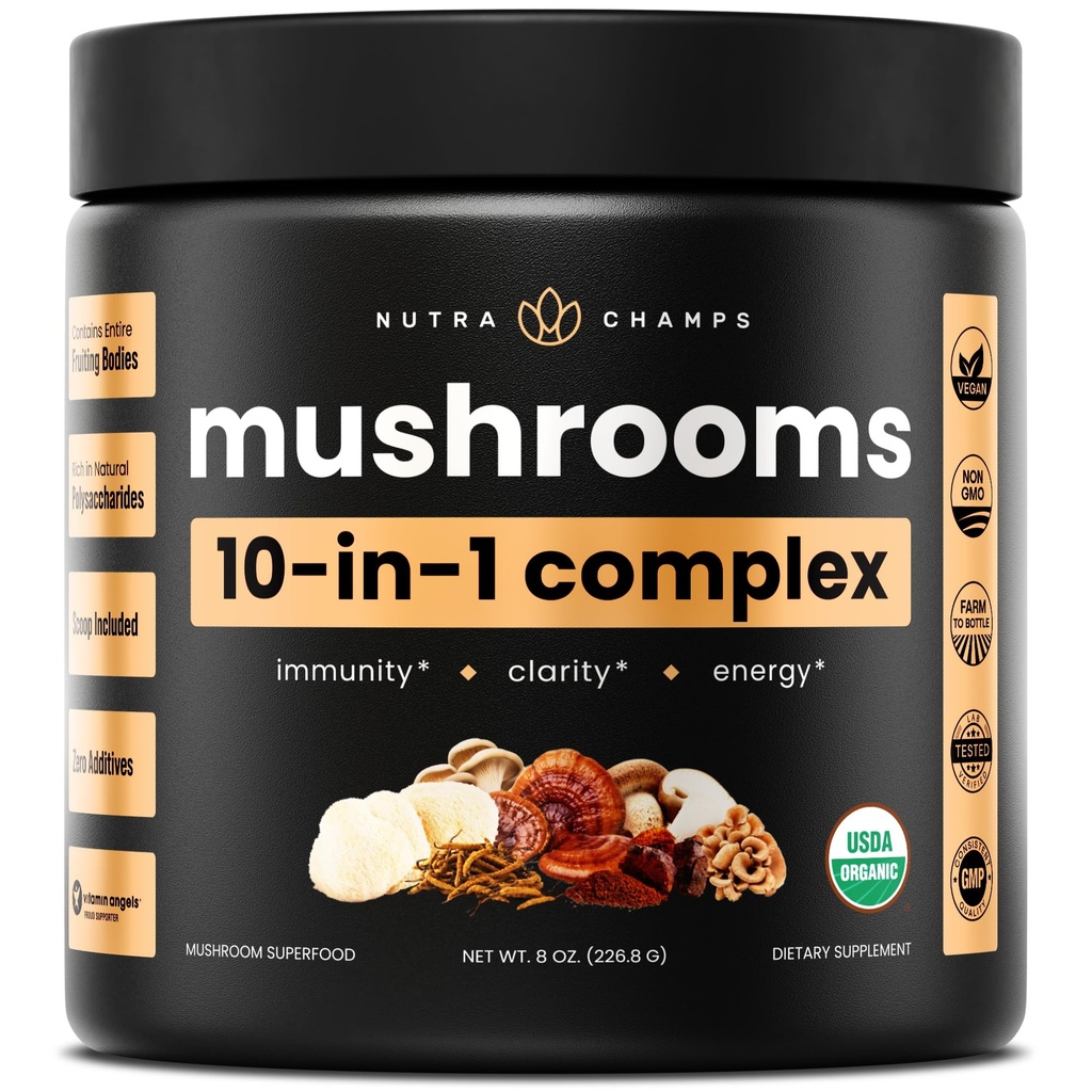 NutraChamps Organic Mushroom Powder - 10-in-1 Complex - Mushroom Supplement Powder Blend for Memory, Focus & Immune Support - 8oz (8.0 OZ, Mushroom Blend)