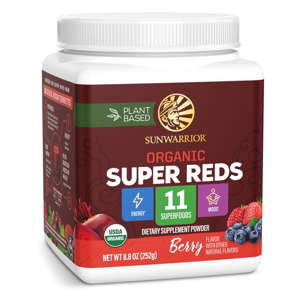 Organic Super Reds Powder 11 Superfoods with Beet Root, Berries, Reishi & Cordyceps – Natural Energy, Circulation & Immune Support – USDA Organic Vegan Non-GMO, Gluten-Free Superfood Drink 28 Servings