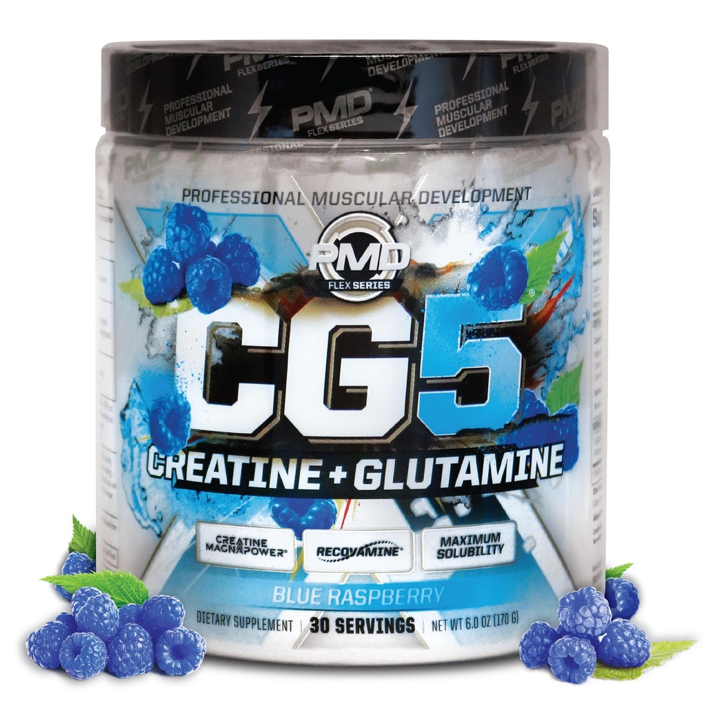 PMD Sports CG5 - Premium Creatine & L Glutamine Powder - Maximum Strength Power Recovery, Build Lean Muscle, Increase Workout Performance - Pre Workout & Post Workout - Blue Raspberry (30 Serv)