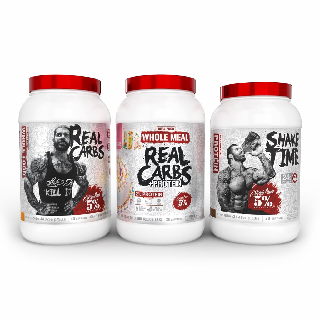 Rich Piana 5% Nutrition 3-Stack | Real Carbs + Shake Time + Real Carbs & Protein | Real Food Meal Replacements + Premium Animal Protein (Select Your Flavors)