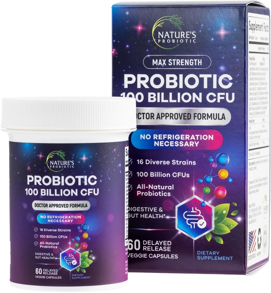 Probiotics for Digestive Health - Probiotic Blend 100 Billion CFU Per Capsule - 16 Premium Strains & Prebiotics for Women & Men, Occasional Constipation, Gas, Gut, Immune Health Support - 60 Capsules