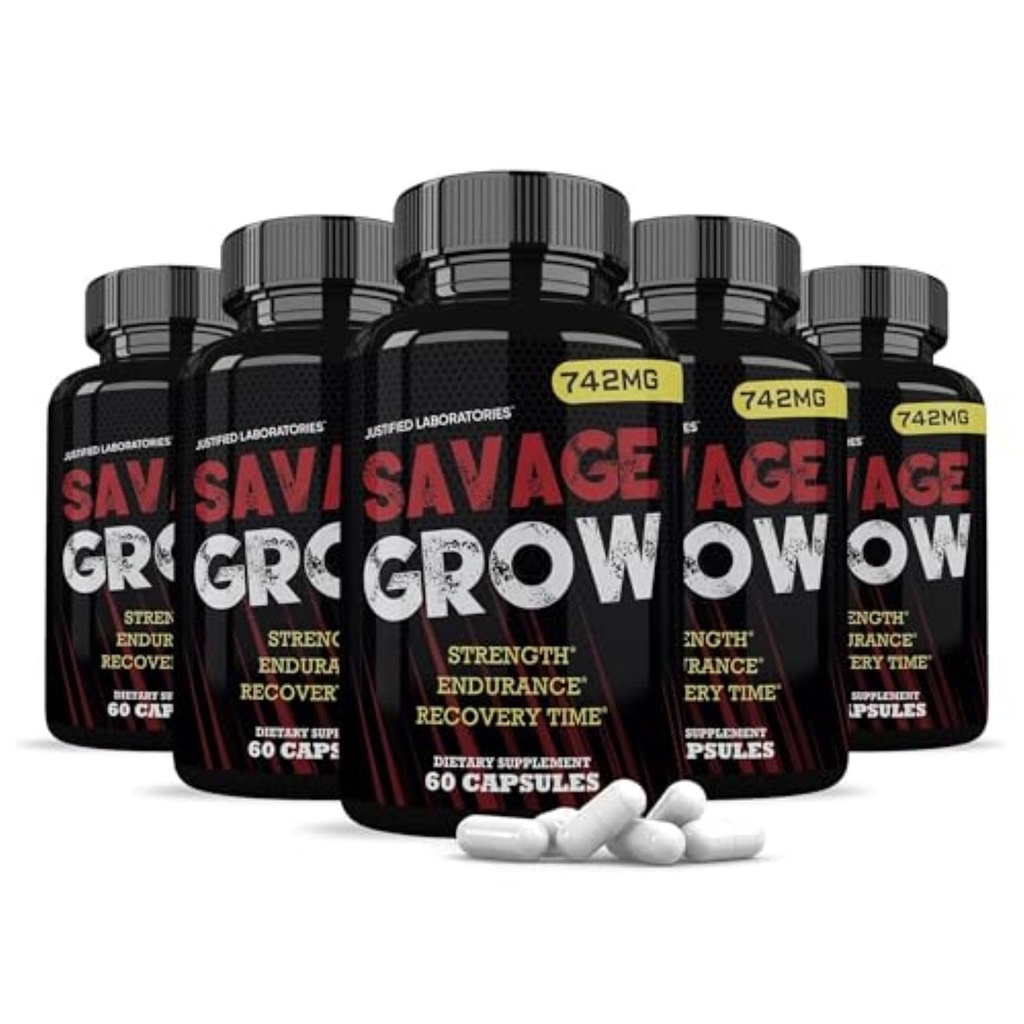 Justified Laboratories Savage Grow for Men - Testosterone Support Supplement for Strength, Endurance & Recovery - Tongkat Ali, Saw Palmetto - 60 Capsules (Pack of 5)
