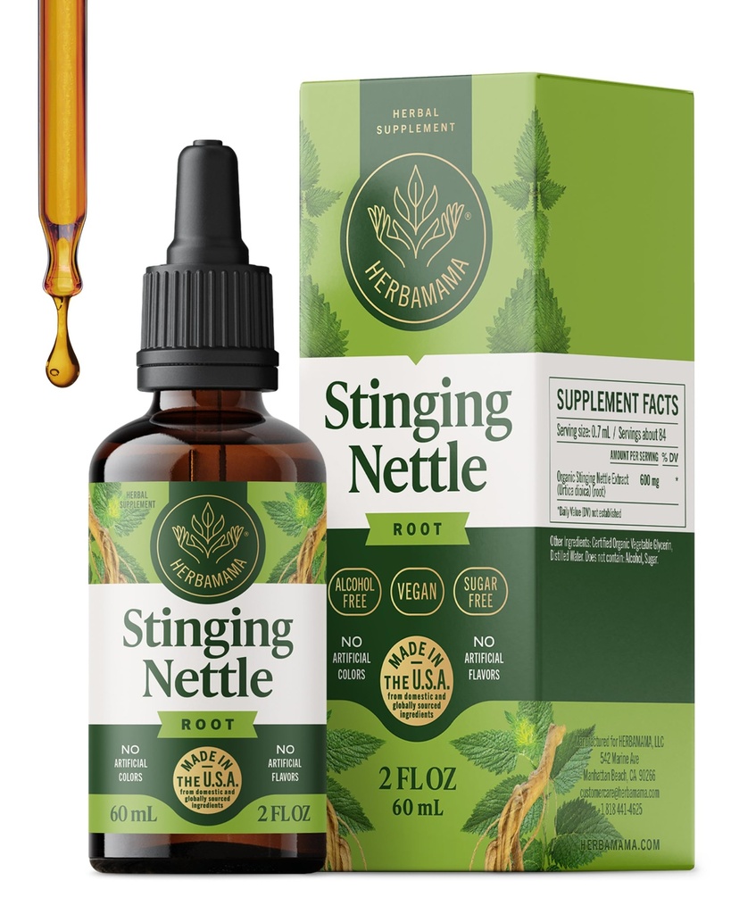HERBAMAMA Stinging Nettle Tincture - Vegan Urinary Tract Support with Stinging Nettle Root Extract - Non-GMO, Alcohol & Sugar-Free Urtica Dioica Supplement - 42-Day Supply