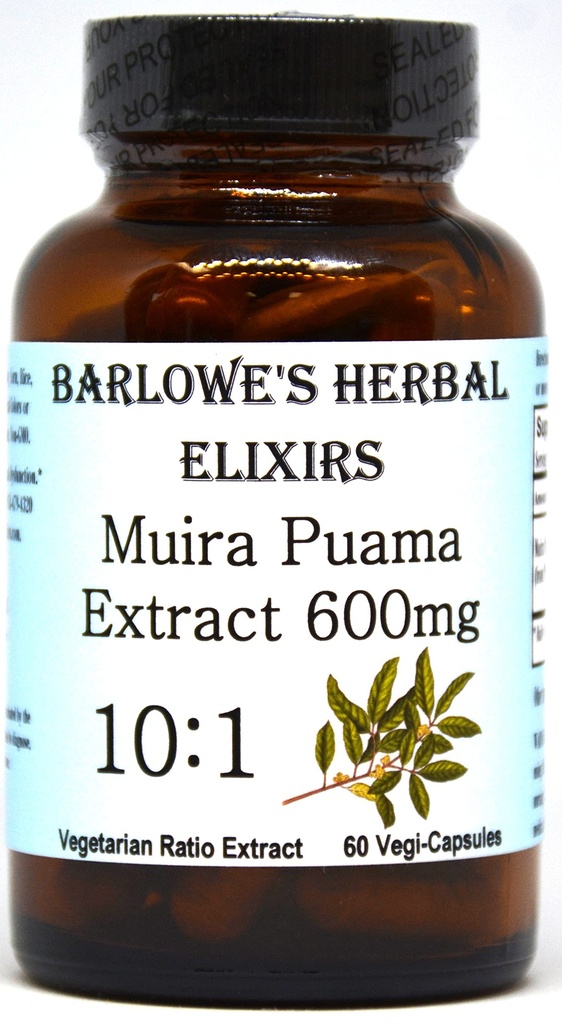 Barlowe's Herbal Elixirs Muira Puama 10:1 Extract | 600mg Per Capsule | Traditional Male Vitality Supplement | 60 Vegan Capsules | Stearate-Free, Non-GMO, Packaged in Glass Bottle