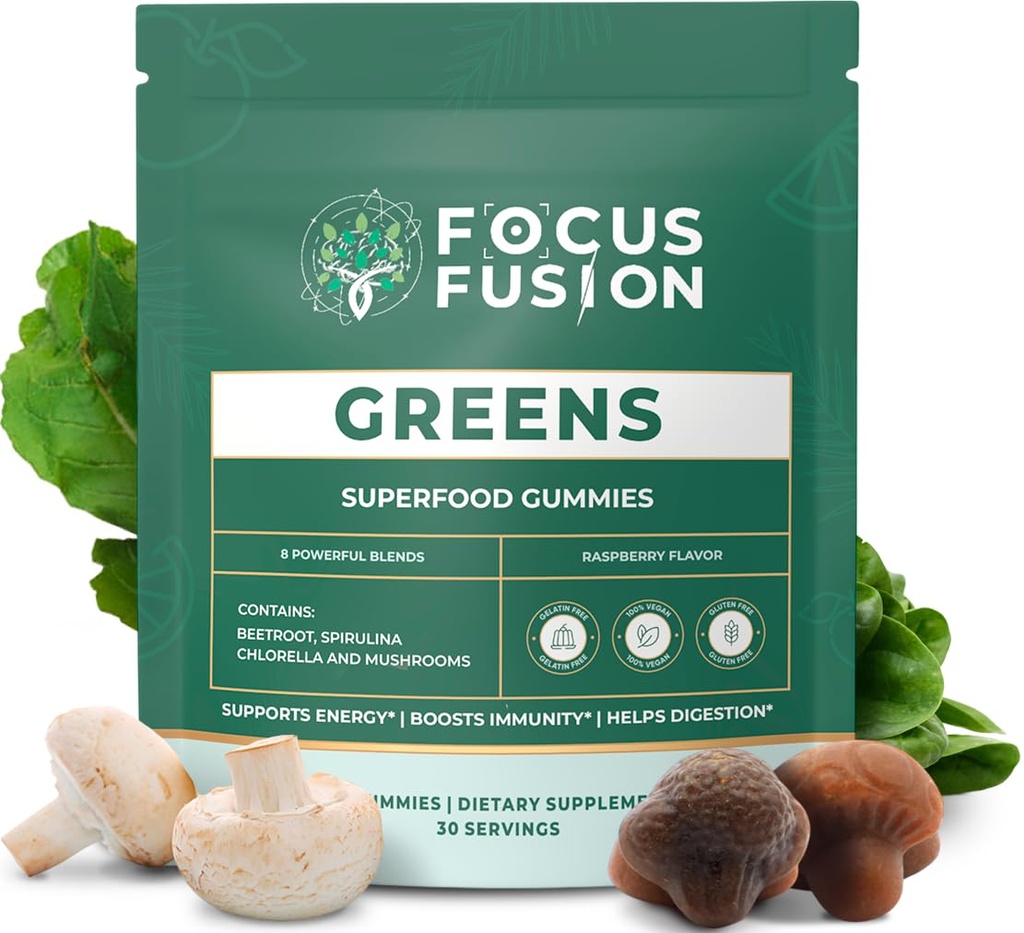 Focus Fusion Supergreen – Superfood Gummies | Organic Greens & Beet Root Gummies with Plant-Based Blend | Daily Plant-Based Supplement with 74 Fruits & Vegetables | Chewable Gummies