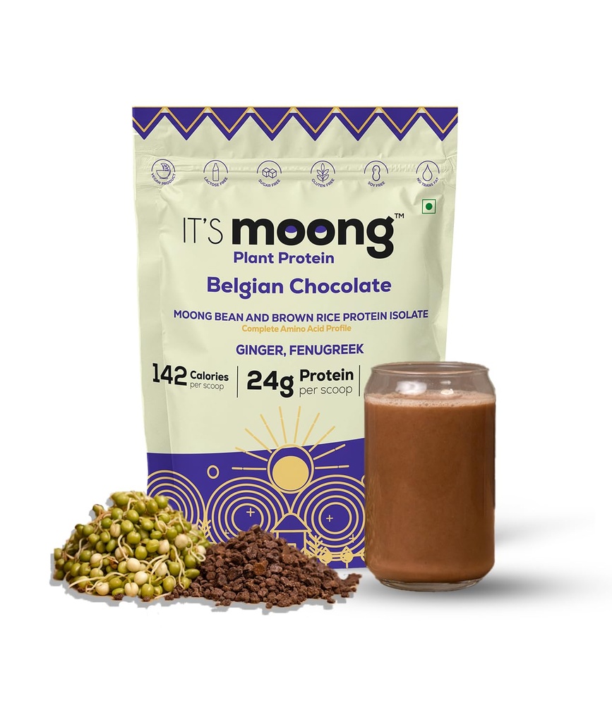 It's Moong Mung Bean & Brown Rice Isolate Plant Protein 24gms per Serve 4.7gms BCAA Belgian Chocolate 500gms Sprouted Plant Based Protein Easy on the Gut, Easy Digestibility