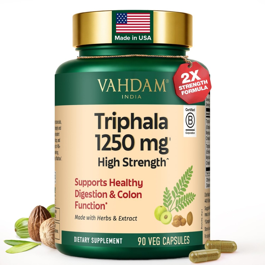 VAHDAM Triphala Capsules 1250 mg - High Strength Supplement with Amla, Bibhitaki, Haritaki Extract | Supports Healthy Digestion & Colon Function | 90 Capsules