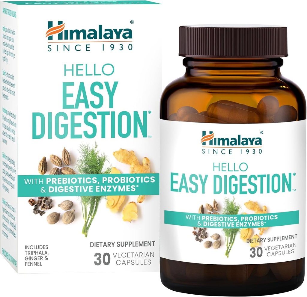 Himalaya Hello Easy Digestion, Digestive Enzymes με 2 δισεκατομμύρια CFU Προβιοτικά και Πρεβιοτικά, Plus 100 mg Herbal Digestive Support with Ginger, μάραθο & Triphala, 30 κάψουλες χορτοφάγων