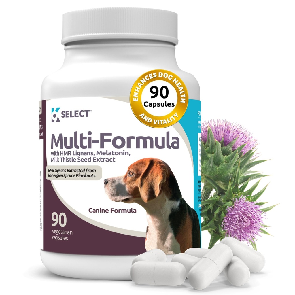 K9 Select Multi-Formula Dog Vitamins for Medium Dogs - 20mg HMR Lignans, 2mg Melatonin, 40mg Milk Thistle - Helps Heart, Liver, Digestion & Coat Health, Dog Multivitamin, 90 Capsules