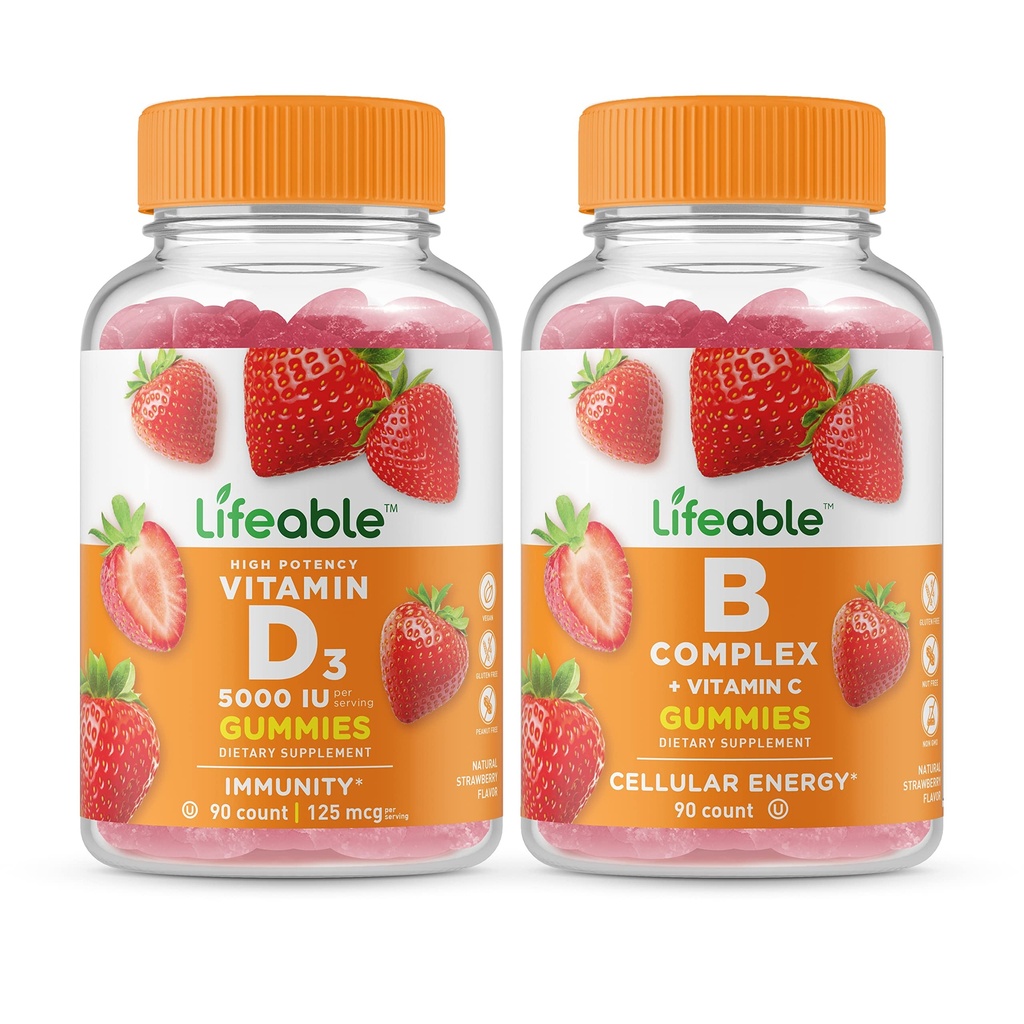 Βιώσιμη βιταμίνη D 5000 IU + B Complex, Gummies Bundle - Μεγάλη γεύση, συμπλήρωμα βιταμίνης, χωρίς γλουτένη, χωρίς ΓΤΟ, Μασώμενα Gummy