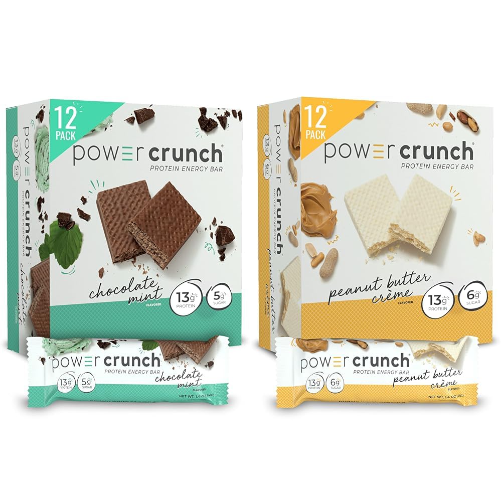 Power Crunch Protein Wafer Bars, High Protein Snacks, Chocolate Mint 1.4oz (12 Count) and Peanut Butter Crème 1.4oz (12 Count)