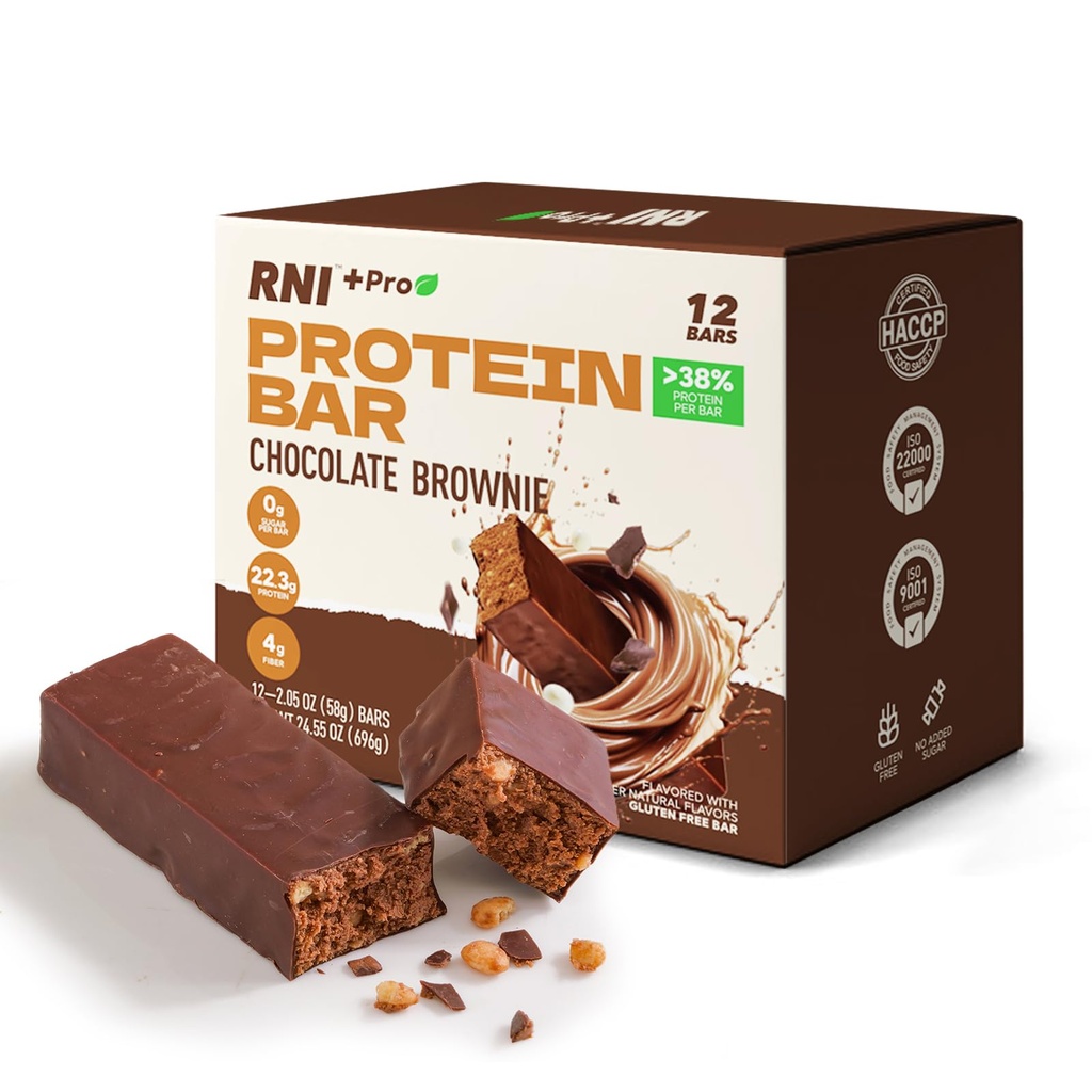 RNI Brownie Chocolate Protein Bars with Protein Crisp, 22.3g Protein, 0g Sugar, High Fiber, Gluten Free, 2.05 ounce (Pack of 12)