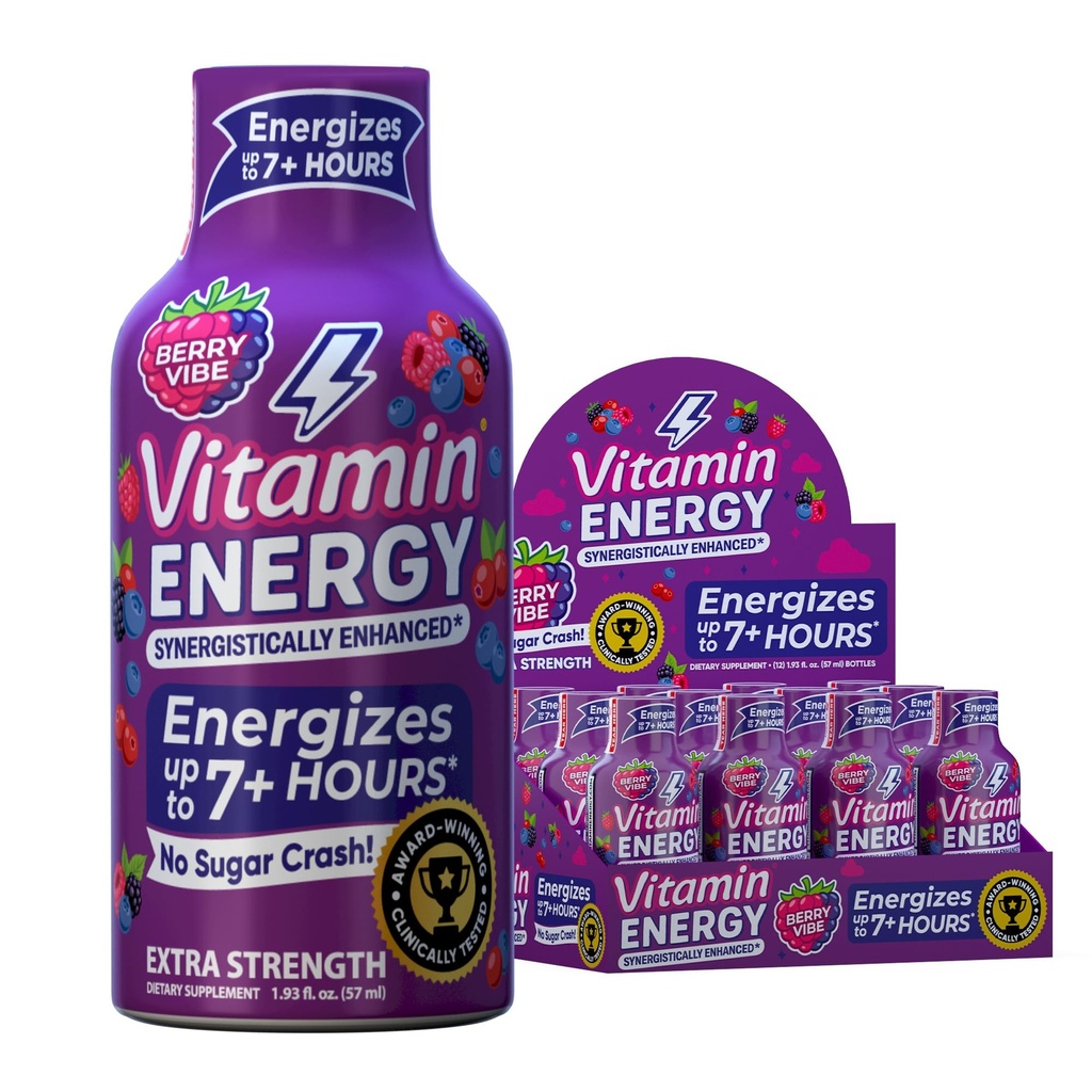 Vitamin Energy Mood+ Extra Strength Energy Shot Tropical Berry 12 Pack, 260mg Natural Caffeine, B-Vitamins, Rhodiola, Χαμομήλι, Mood & Energy Support, Zero Sugar, Gluten-Free, Vegan, 1.93 fl oz