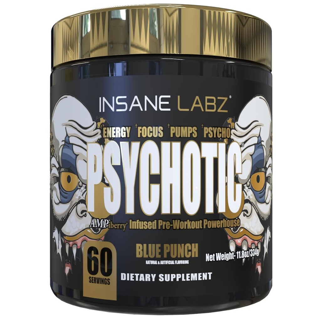 Insane Labz Psychotic Gold, High Stimulant Pre Workout Powder, Extreme Lasting Energy Focus, Pumps and Endurance with Beta Alanine, DMAE Bitartrate, NO Booster (60 Servings, Blue Punch)
