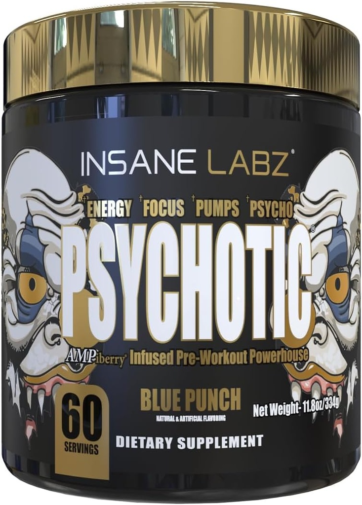 Insane Labz Psychotic Gold, High Stimulant Pre Workout Powder, Extreme Lasting Energy Focus, Pumps and Endurance with Beta Alanine, DMAE Bitartrate, NO Booster (60 Servings, Blue Punch)