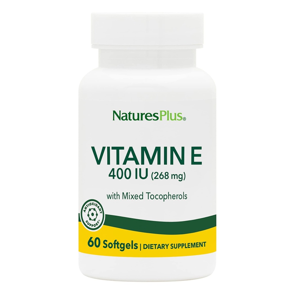 NaturesPlus Βιταμίνη Ε - 400 iu Μικτή D-Τοκοφερόλη, 60 Softgels - Εύκολο στην κατάποση συμπλήρωμα βιταμίνης Ε, που προέρχεται από το φυσικό λάδι σόγιας - Ελεύθερη Ραδινική Άμυνα - Χωρίς γλουτένη - 60 Σερβιέτες