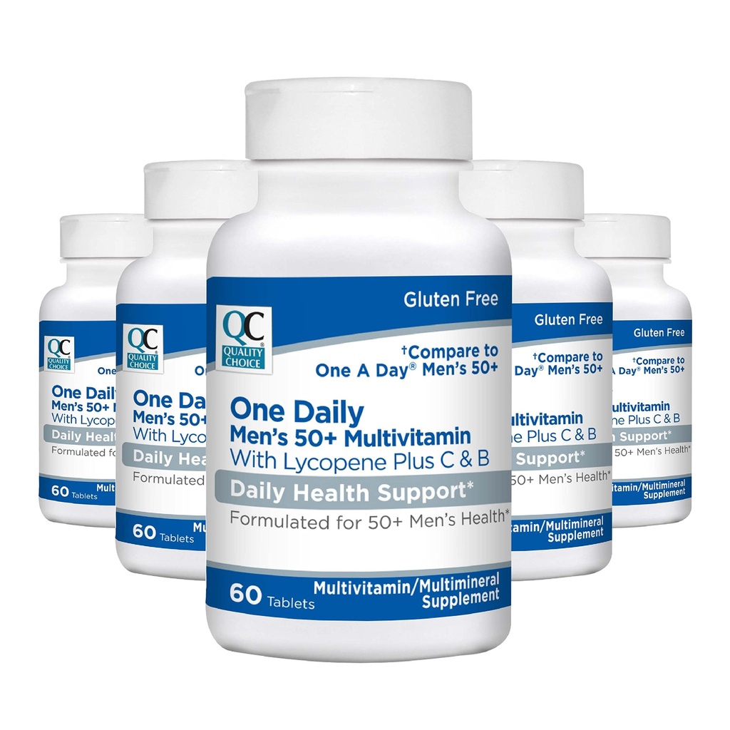 Quality Choice One Daily Mens 50+ Multivitamin with Lycopene Plus C & B, with Vitamin A, C, D, E, and Zinc Calcium and More in 60 Count Bottles of Tablets (5 Pack)