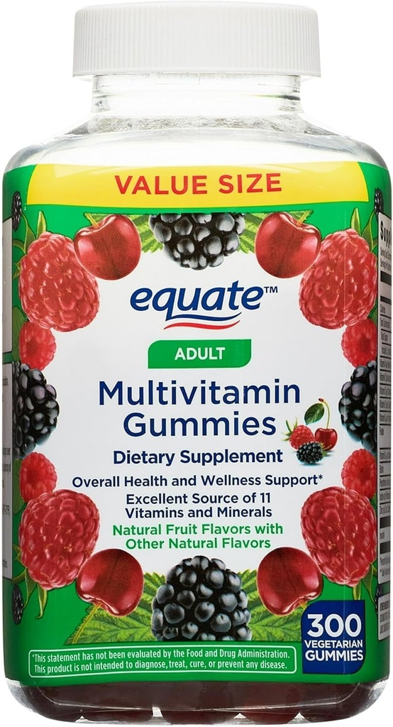 Equate Multivitamin Gummies for General Health, Natural Fruit, 300 Count, Pack 01 + Sticker