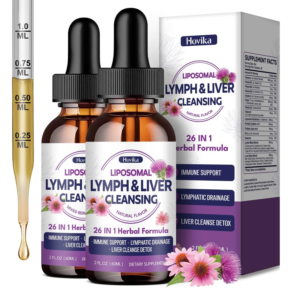 Liposomal Lymphatic Drainage Drops, 26 in 1 Liver Cleanse Detox & Repair with Milk Thistle, Echinacea, Glutathione, Vitamins, Lymph-Liver Cleanse, Gut & Metabolic Health - Natural Flavor 4 Fl Oz
