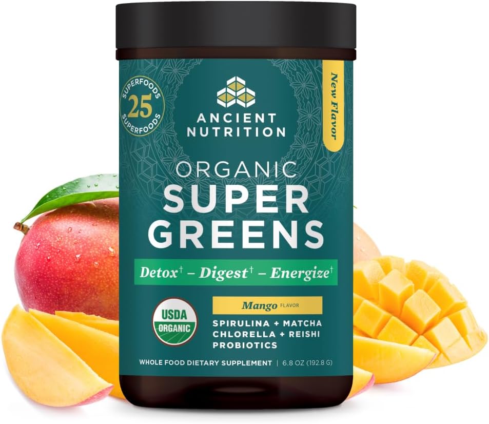 Ancient Nutrition SuperGreens Powder with Probiotics, Organic Mango Flavor Greens, Made from Real Fruits, Fruits and Herbs, Digestive and Energy Support, 25 Servings, 6.8oz