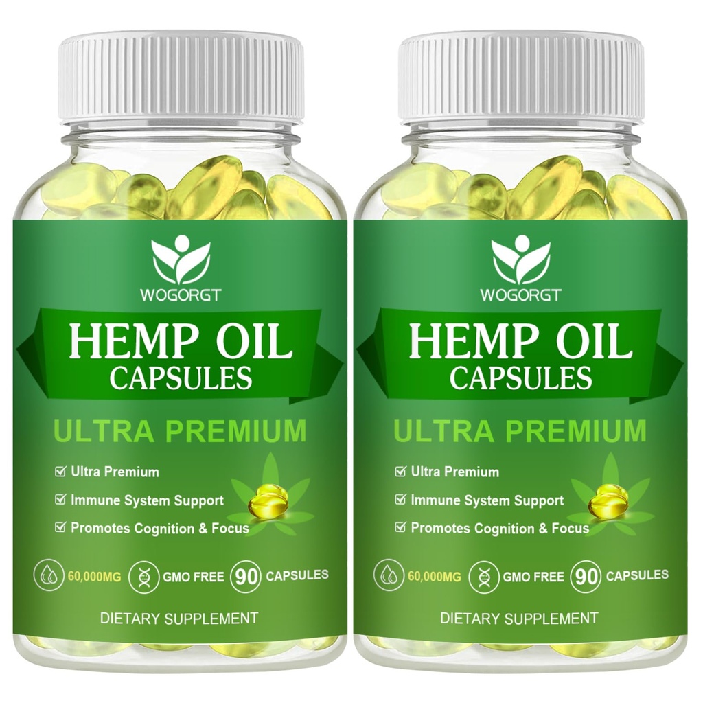 Hemp Oil Capsules - 60,000 Maximum Strength, Natural Hemp Oil Extract, Rich in Omega 3, 6, 9 Fatty Acids, Focus, Relaxation, Immune Support - 90 Capsules (2Pack)
