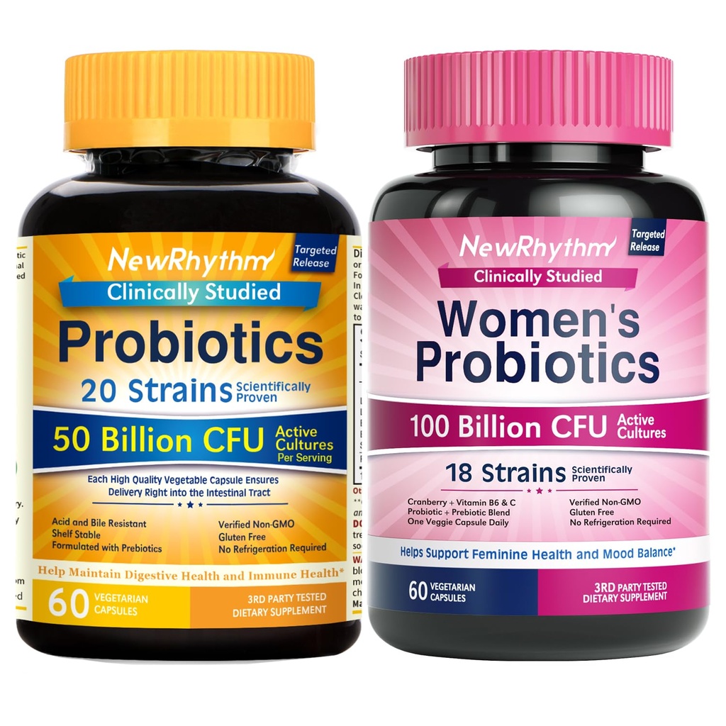 NewRhythm Gut Balance Bundle, Probiotics 50 Billion CFU & Women’s Probiotics (100B CFU), Daily Gut Health Support, Complete Feminine Care, 120 Capsules Total (Pack of 2)