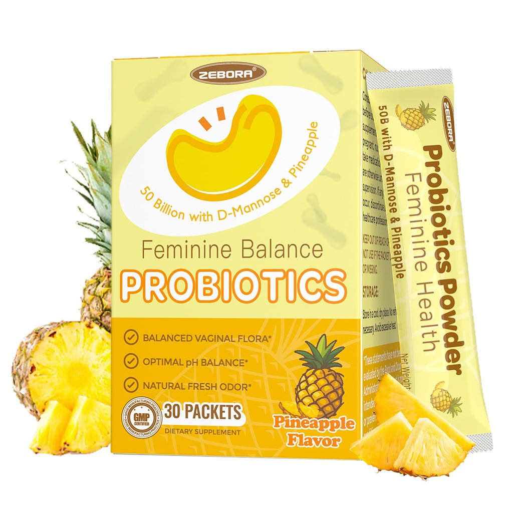 ZEBORA Probiotics for Women, Vaginal Probiotic Powder with 50 Billion CFU 16 Strain, Prebiotics, D-Mannose & Cranberry for Urinary Health, Digestive & Immune Support, Pineapple Flavor, 30 Packets
