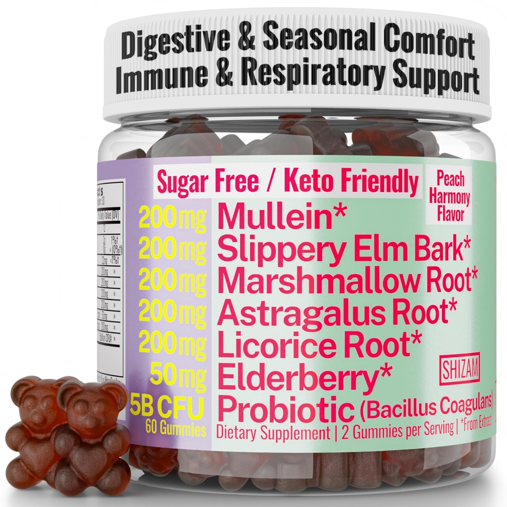 SHIZAM Slippery Elm, Mullein Leaf, Marshmallow Root, Licorice Root, Astragalus Root, Elderberry & Probiotic Bacillus Coagulans Gummies – Sugar-Free, Keto-Friendly, Vegan - Gymnema Sylvestre