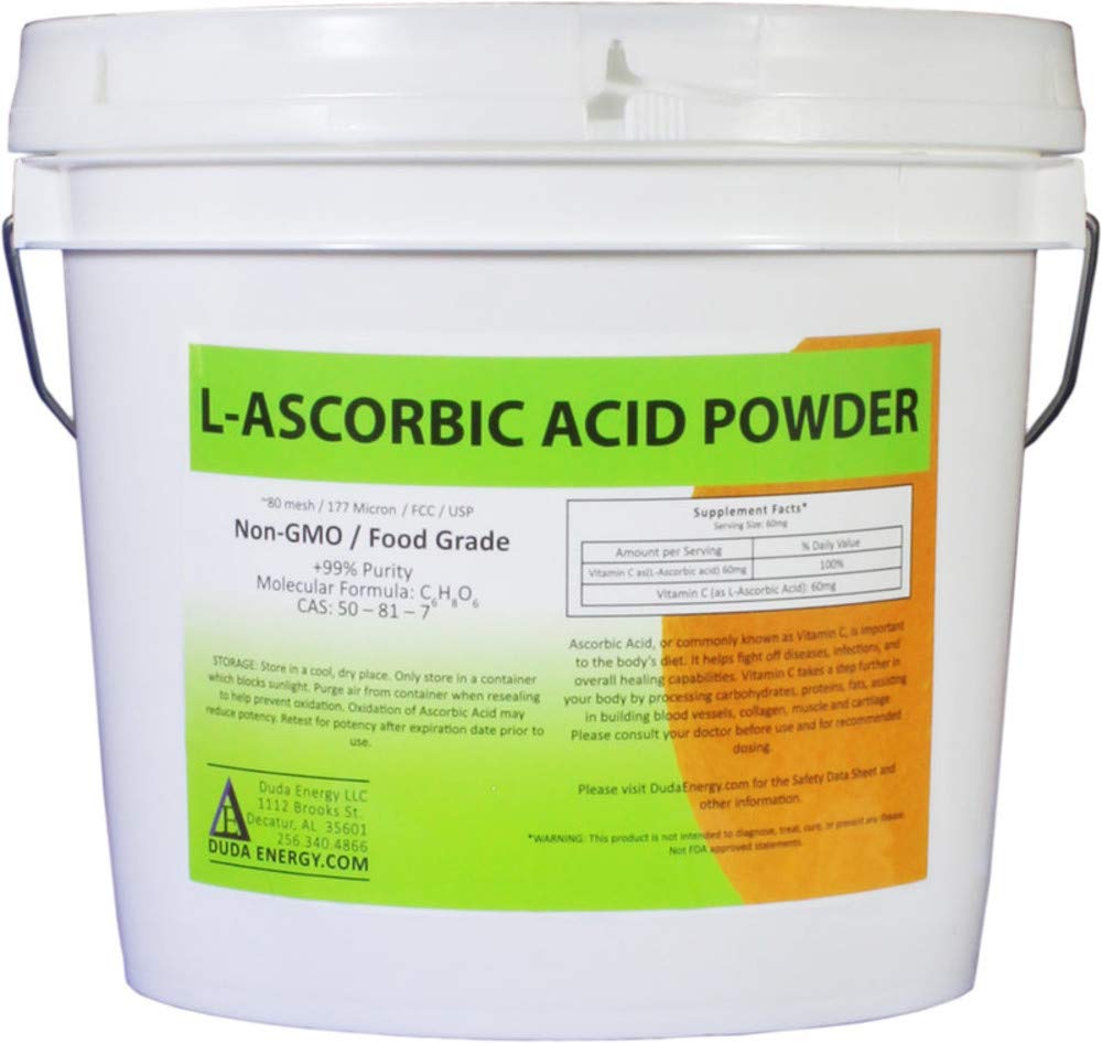 Duda Energy asc8p Pail L-ασκορβικό οξύ σκόνη 99+% βαθμού τροφίμων USP36/BP2012 Φυσικά ζυμωμένο καθαρό λευκό κρύσταλλο μορφή βιταμίνης C, 8 lb.