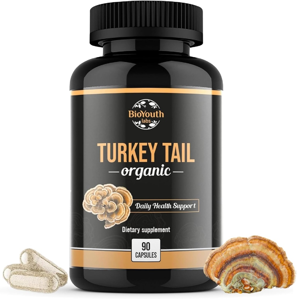 Organic Turkey Tail Mushroom Capsules Fruiting Body Extract | GMO & Allergen-Free, Coriolus Versicolor Daily Herbs, 90 Capsules