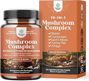 Advanced Mushroom Complex Κάψουλες - 10X Lions Mane Συμπληρώματα κάψουλες με Reishi, Chaga, Maitake & Shiitake για την υποστήριξη της μνήμης του εγκεφάλου υγεία & εστίαση - Nootropic για την ψυχική σαφήνεια - 60 Caps