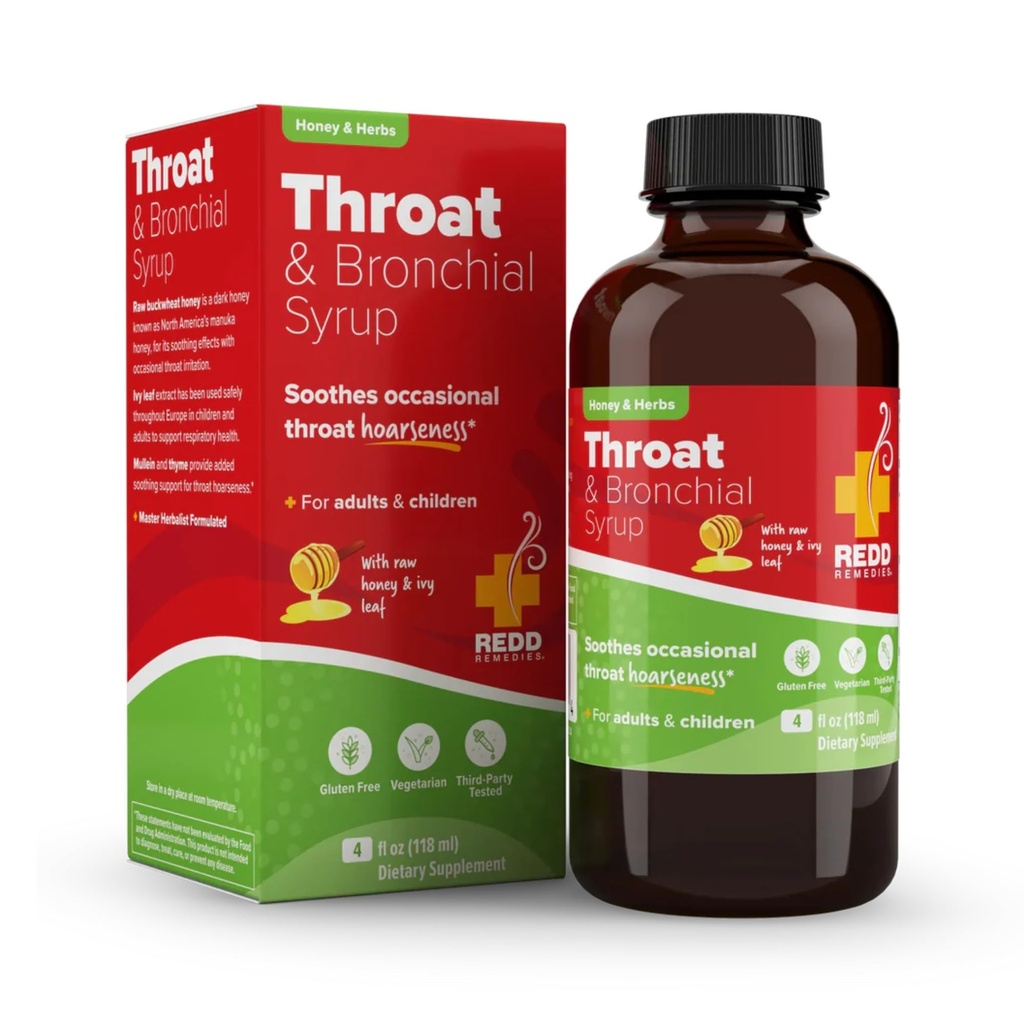 Redd Remedies, Throat & Bronchial Syrup, Honey & Herbs, 4 oz (24 Doses)