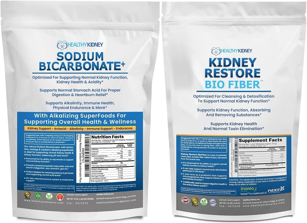 Organic Sodium Bicarbonate Alkaline Supplement 1.5LB & Bio Fiber Kidney Cleanse Detox 2.5 LBS Bundle – Υποστηρίζει την υγεία των νεφρών, το στομαχικό οξύ ουδετεροποιητής, Alkaline Superfoods, ανοσοποιητική υποστήριξη, Detox