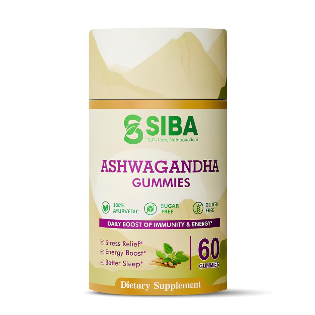 Siba Ashwagandha Gummies 250mg Vegan Natural Adaptogen for Mood Sleep Support Energy Focus Calm Stress Supplement Non GMO Plant Based Chewable Ashwagandha Root Extract 60 Count