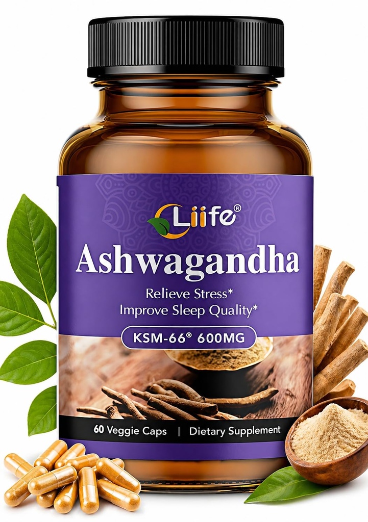 LIIFE KSM-66 Ashwagandha | with L-Theanine &Black Pepper| Natural Stress Relief, Cortisol & Sleep Aid Supplement for Men & Women | Muscle Growth & Mood Relaxation, Energy |60 Veggie Capsules