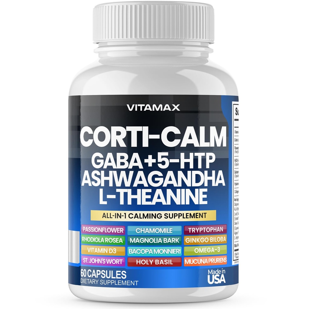 Corti-Calm Cortisol Supplement, L Theanine, Ashwagandha, Vitamin D 3, GABA for Relaxation, Fatigue & Focus with Ginkgo Biloba, Bacopa Monnieri, 5-HTP – Non-GMO, Made in USA – 60ct
