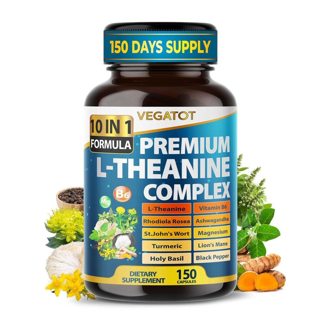 VEGATOT Ultra Organic L-Theanine Complex 10-in-1 Formula with Vitamin B6, Magnesium, Rhodiola, Ashwagandha, Turmeric & Holy Basil – Supports Calm Mood, Relaxation & Focus – 150 Capsules