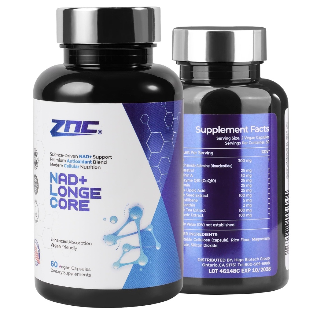ZNC® 10-in-1 NAD+ Supplement with Liposomal NAD & Urolithin A for Energy & Cellular Repair - 60 Vegan Capsules