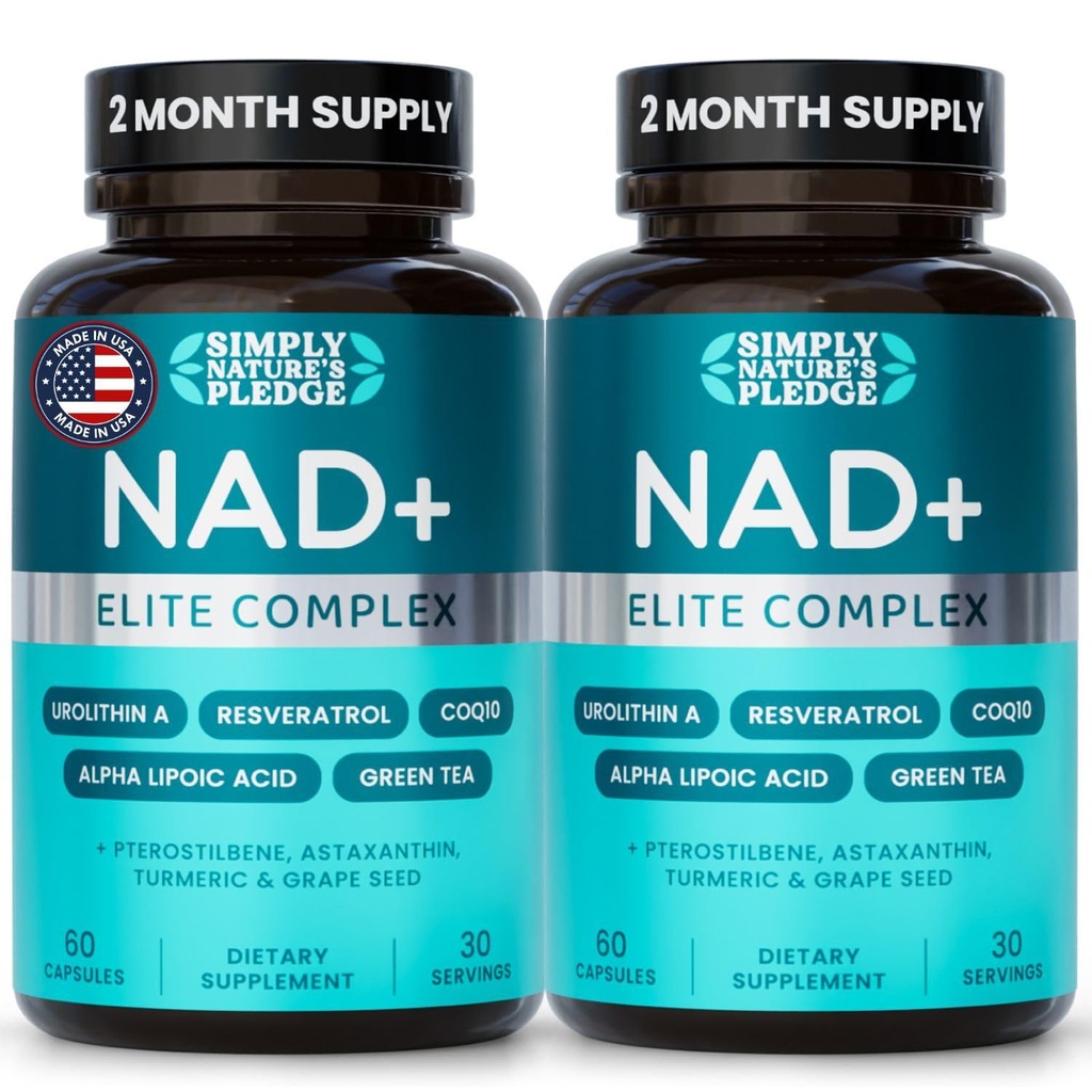 NAD+ Elite Complex – Direct NAD+ 300 mg with Urolithin A, Resveratrol, CoQ10 & Antioxidant Blend – Cellular Energy, Mitochondrial Support & Healthy Aging – Vegan, Non-GMO- 60 Capsules (Pack of 2)