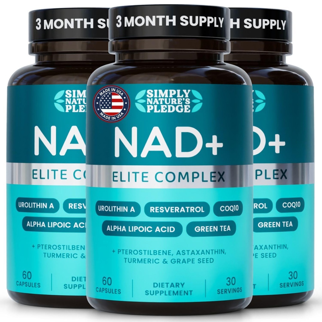 NAD+ Elite Complex – Direct NAD+ 300 mg with Urolithin A, Resveratrol, CoQ10 & Antioxidant Blend – Cellular Energy, Mitochondrial Support & Healthy Aging – Vegan, Non-GMO- 60 Capsules (Pack of 3)