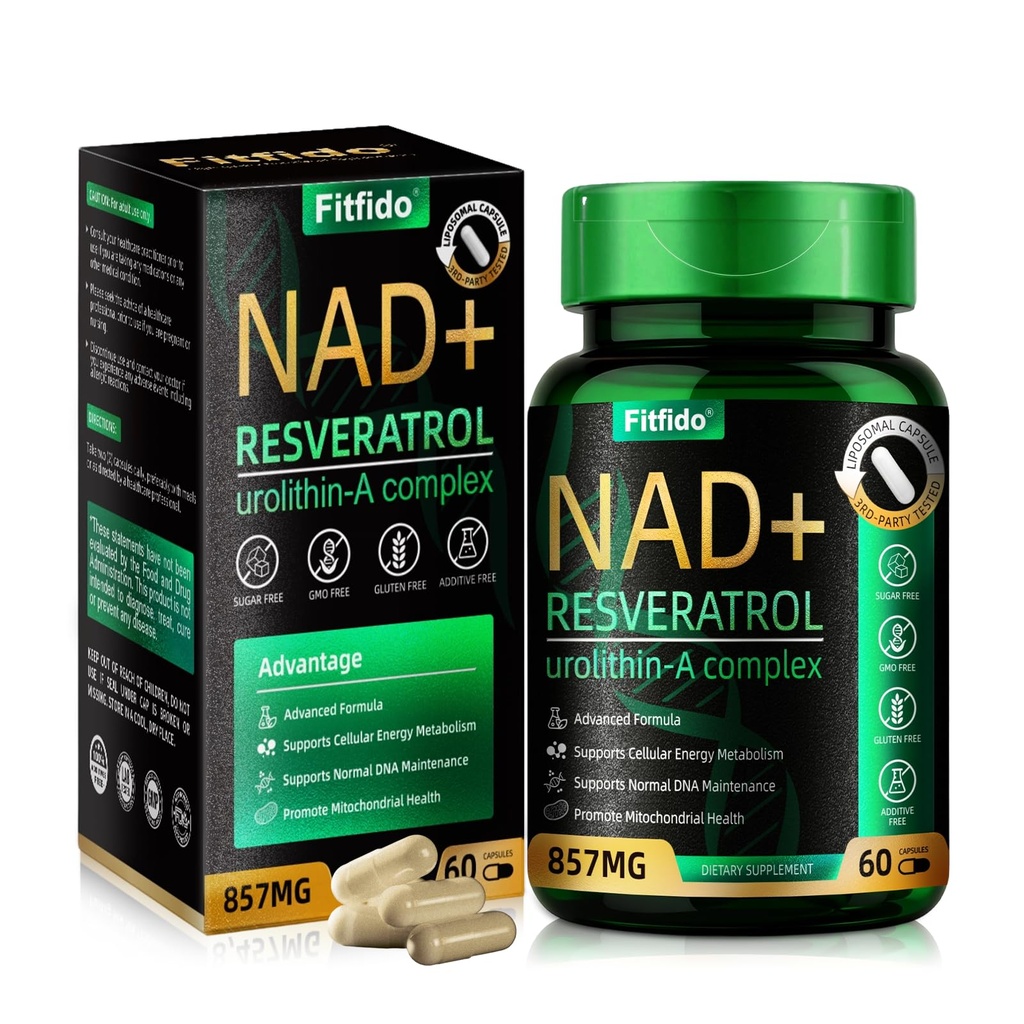 Liposomal NAD+ Resveratrol Complex 400mg - Enhanced Absorption with Urolithin-A & CoQ10 - Supports Cellular Energy & DNA Maintenance - Non-GMO, Gluten Free, 60 Capsules