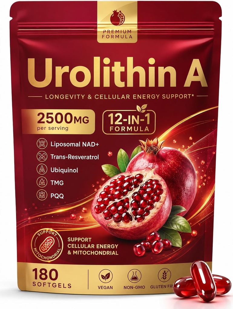 Urolithin A Supplement, 12-in-1 Formula for Cellular Energy & Mitochondrial Support with Liposomal NAD+, Trans-Resveratrol, Ubiquinol, TMG, PQQ, 180 Softgels