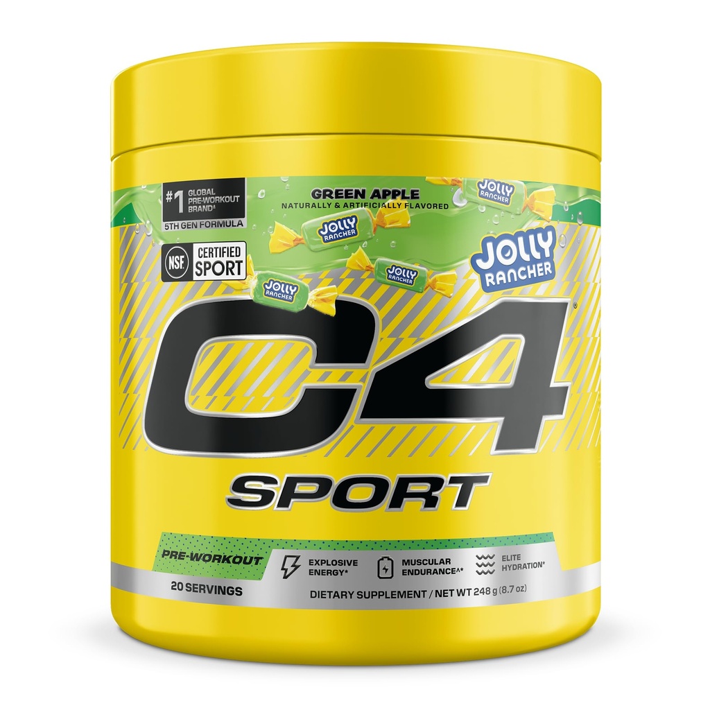 C4 Sport Pre Workout Powder - Jolly Rancher Green Apple - NSF Certified for Sport - 200mg Caffeine + Creatine + Beta-Alanine - Electrolytes and Energy Supplement - 20 Servings