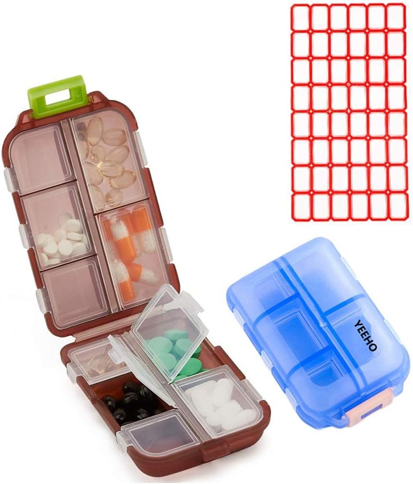 Pill Case (2 Pack) - Φορητά μικρά συμπληρώματα Tablet Container Box with 10 Compartments - Ιατρική Vitamin Organizer Kolder Storage for Travel Trip Pocket Purse (Blue+Chocolate)