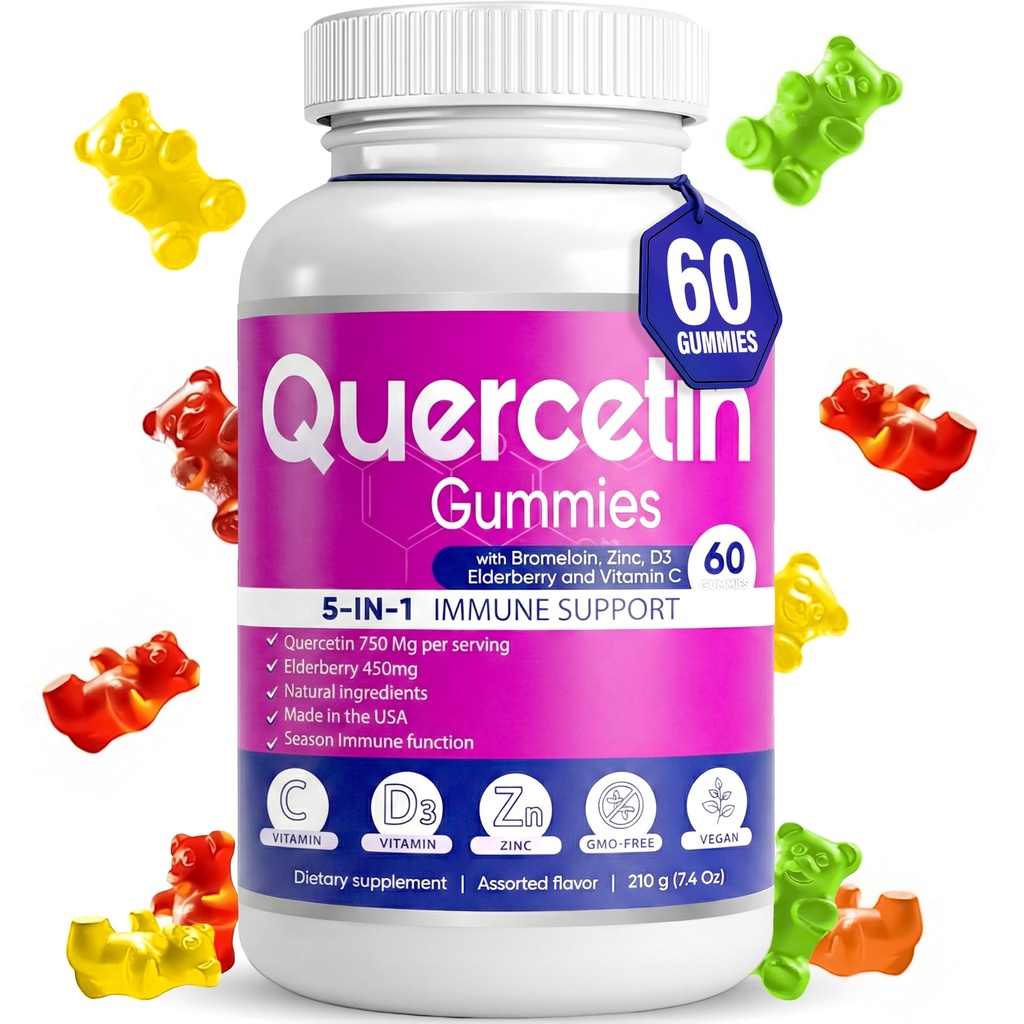 Quercetin Gummies by BioVitalica - Quercetin με Bromelain Vitamin C και Zinc & Elderberry + Βιταμίνη D3-5 σε 1 Ανοσολογική Υποστήριξη - Ψευδάργυρος Quercetin 750 mg για Παιδιά και Ενήλικες (1)
