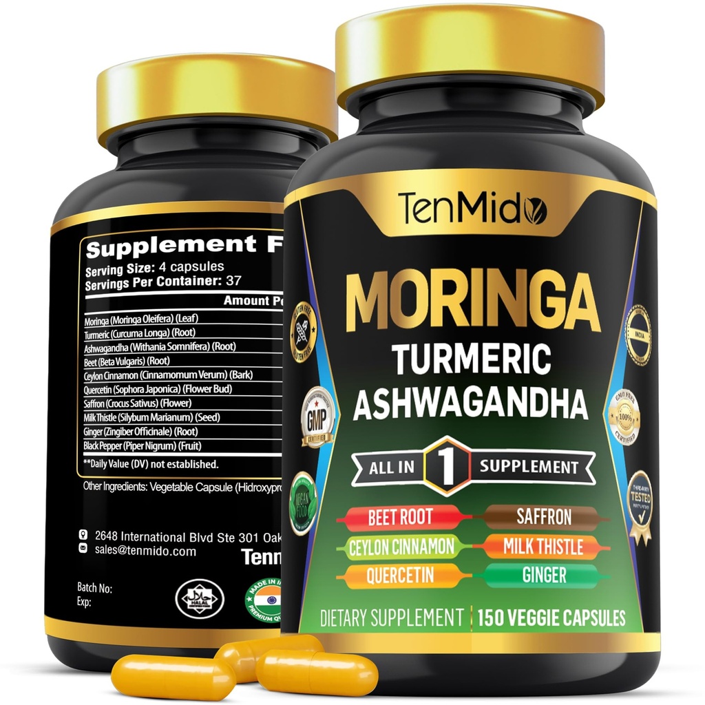 Moringa Oleifera Supplement for Men and Women, 10in1 Formula with Turmeric, Ashwagandha, Ceylon Cinnamon, Beet Root, Saffron & More - Energy, Immune Support - Nutrient Rich - 150 Capsules