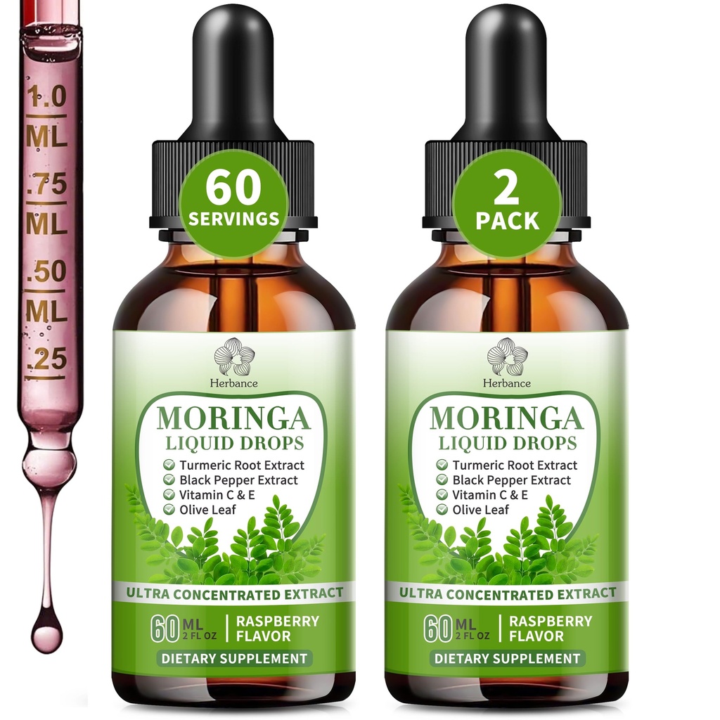 (2 Pack) Moringa Liquid Drops, Pure Moringa Supplements w. Turmeric, Olive Leaf, Black Pepper, Vitamin C&E - Supports Antioxidant and Immune Wellness - Faster Absorption Than Powder or Capsules