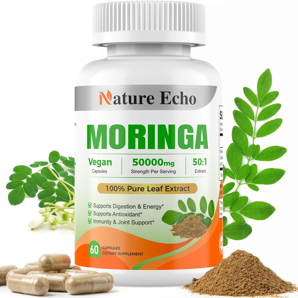 Moringa Oleifera Capsules, 50:1 High Potency Extract - Superfood Supplement for Energy, Immune Support & Digestion - Vegan, Non-GMO, Gluten Free - 60 Count